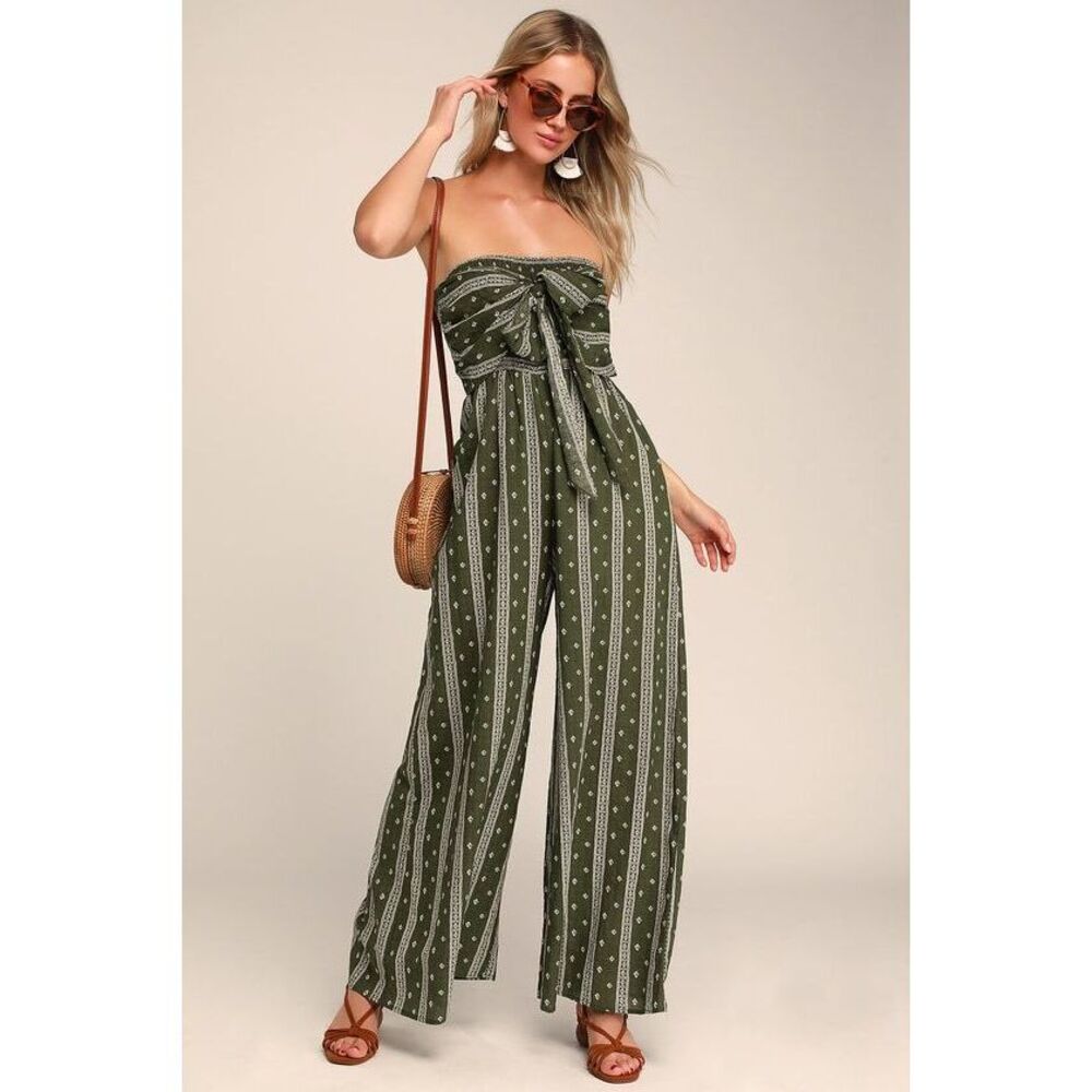 Lulus Raine Olive Green Print Strapless Jumpsuit - Size XS